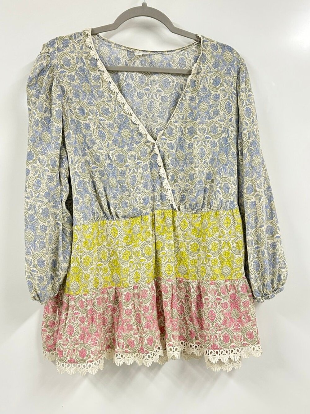 Boho Floral Peplum Blouse Size 18/20 Cottagecore Prairie Top Lace Trim Peasant